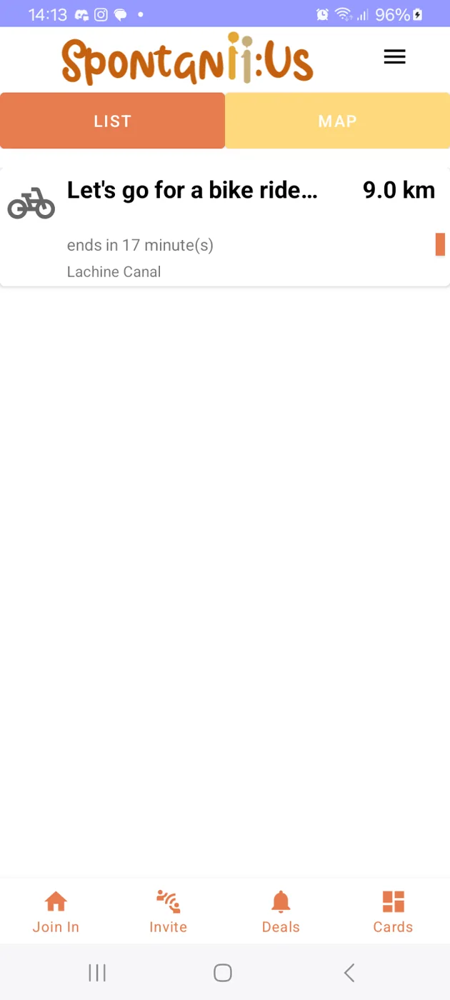 Spontaniius events list displayed in a mobile layout